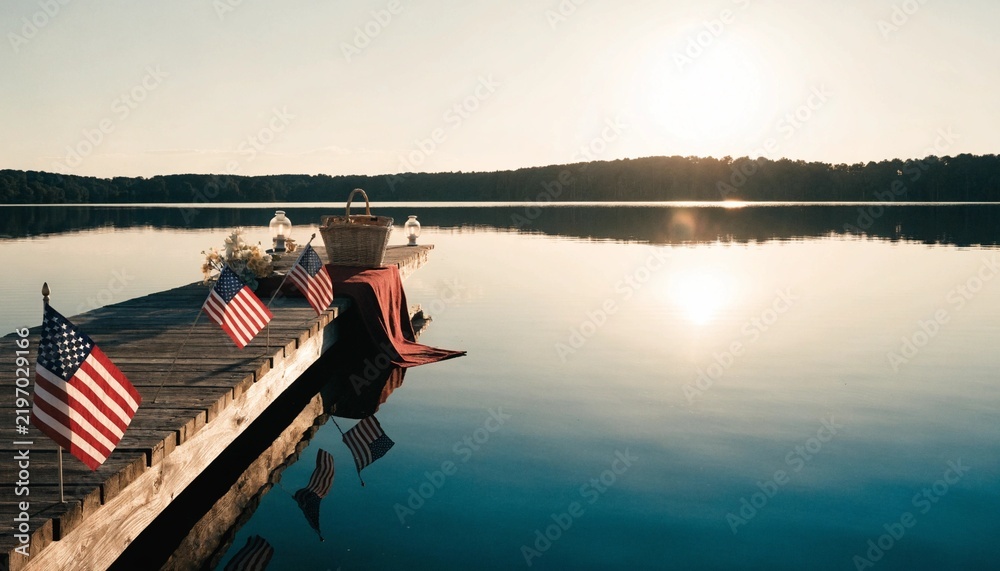 Fototapeta premium American flags on a dock at sunrise