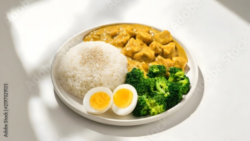 Curry rice with broccoli and boiled eggs