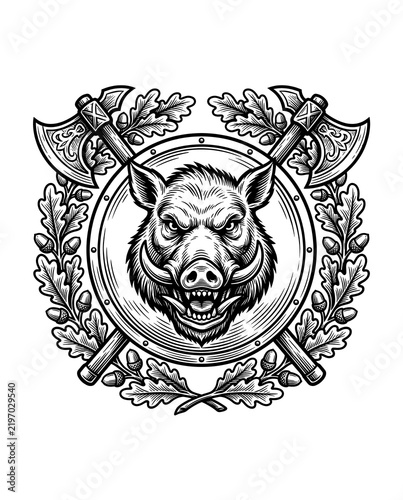 Vintage engraving heraldic crest with a wild boar head, crossed battle axes, shield, and oak leaves wreath, isolated transparent background.