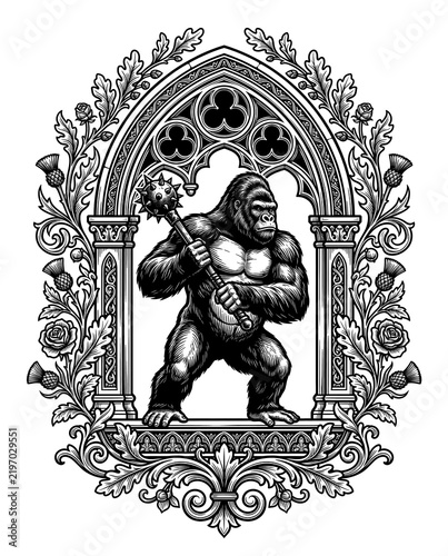 Vintage engraving illustration of an angry gorilla holding a spiked mace within an ornate gothic arch, isolated transparent background.