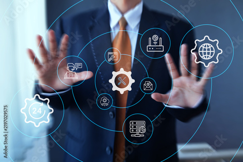 Businessman Raising Both Hand at Floating Digital Technical Support Hologram Network Icon