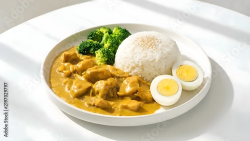 Curry rice with broccoli and boiled eggs