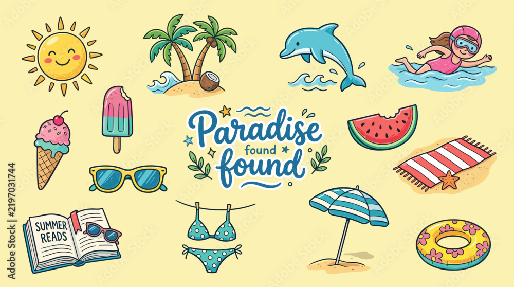 Obraz premium Paradise Found Tropical Summer Vacation Poster with Snorkeling Woman Dolphin Palm Trees Beach Accessories and Swimwear Vector