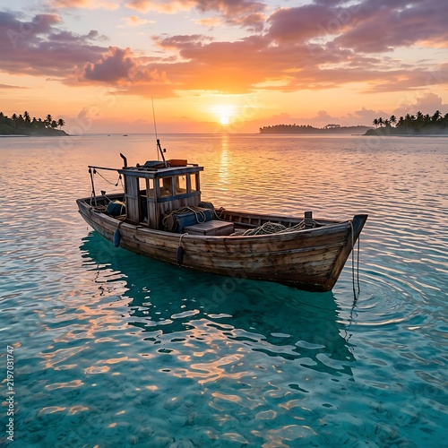 Old wooden boat on tropical turquoise sea.