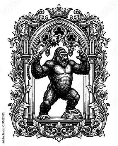 Vintage engraving illustration of an angry gorilla holding a spiked mace within an ornate gothic arch, isolated transparent background.