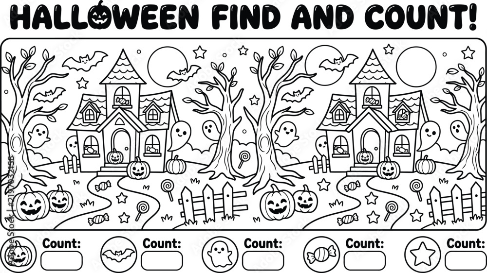Fototapeta premium Halloween Find And Count Printable Activity Worksheet With Spooky Characters