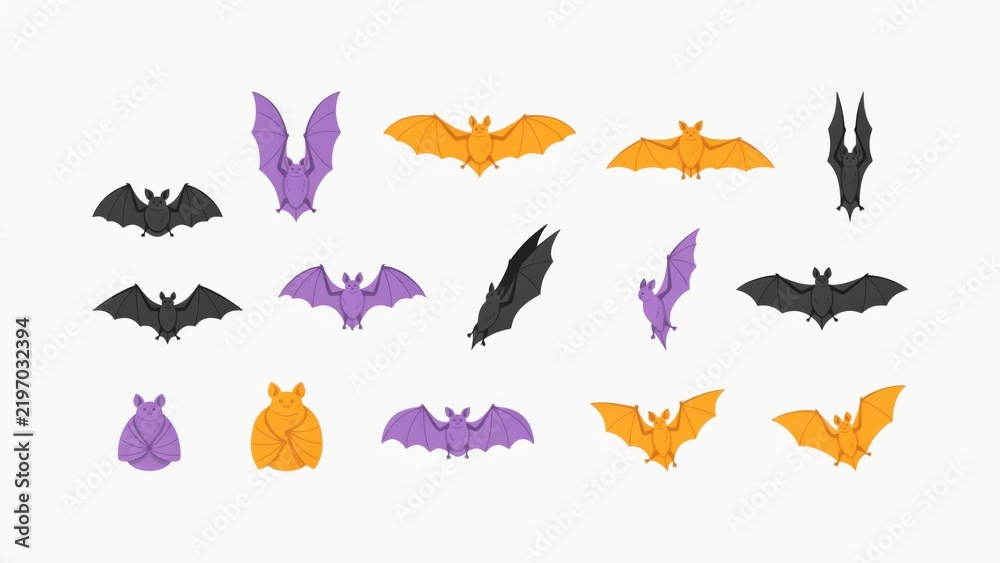 Fototapeta premium Set of cute cartoon Halloween bats in purple orange and black colors
