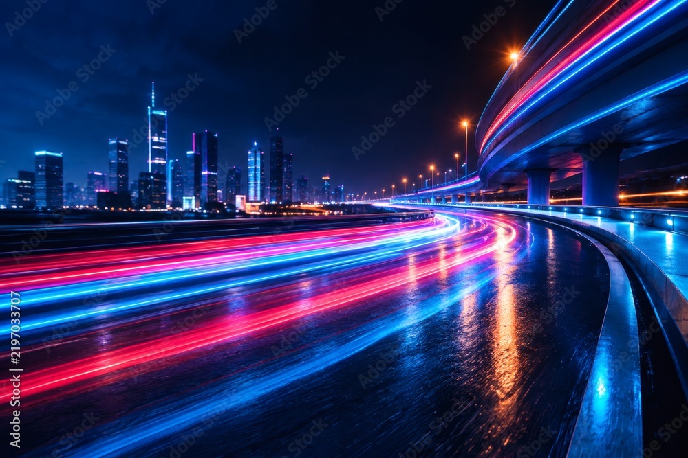 Fototapeta premium Dramatic light trails captured from cars moving through a dark, wet tunnel at night, creating a futuristic and dynamic motion blur effect. 