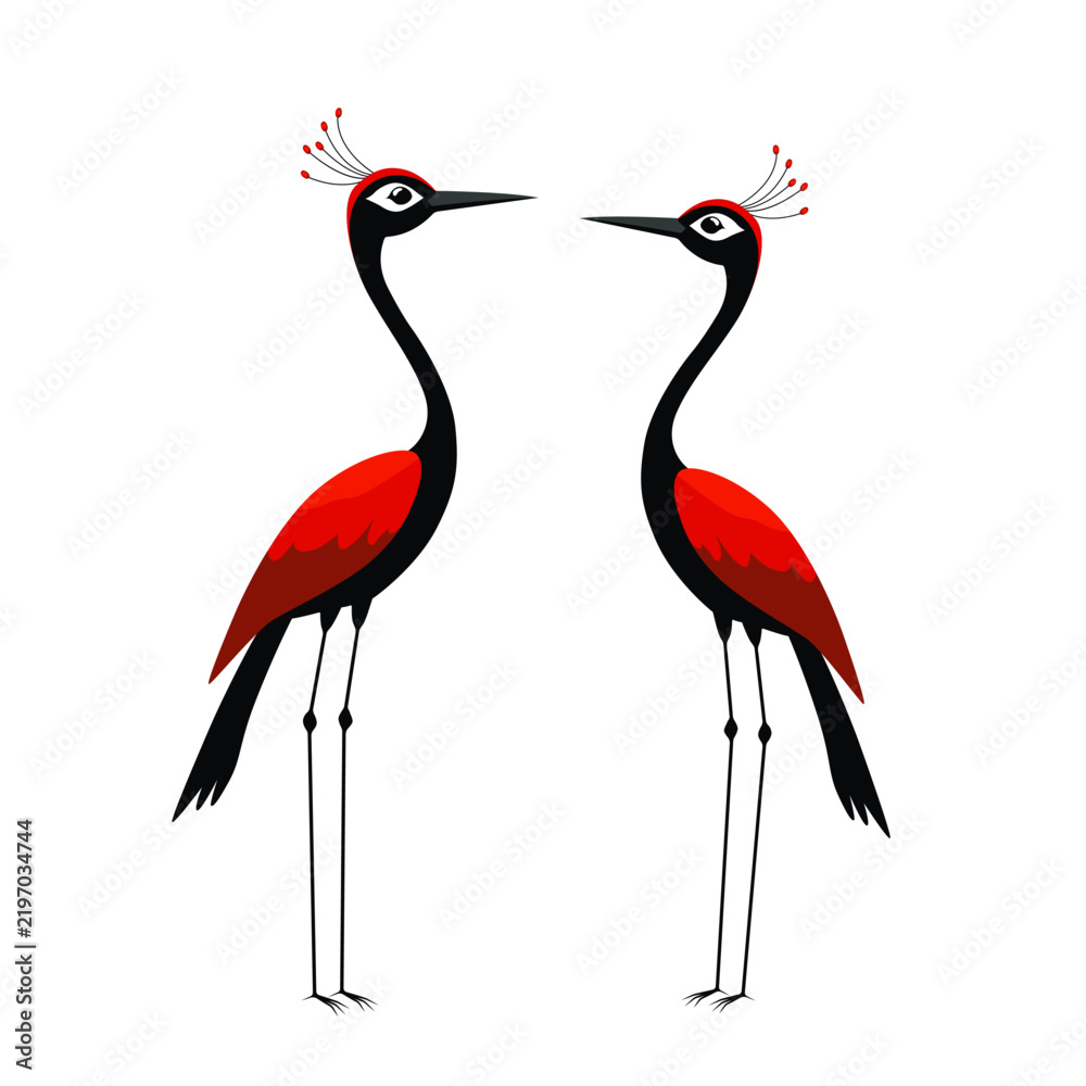 Obraz premium Elegant pair of stylized crane birds vector illustration featuring long-legged black storks with bright red wings and crested heads standing face to face. Perfect for St. Valentine's Day greeting card