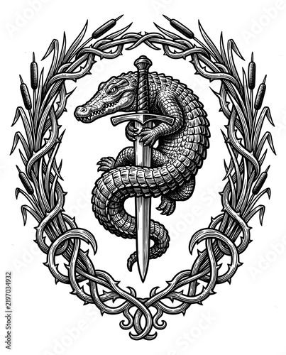 Vintage engraving illustration of a crocodile wrapped around a sword within a thorny wreath, isolated transparent background.
