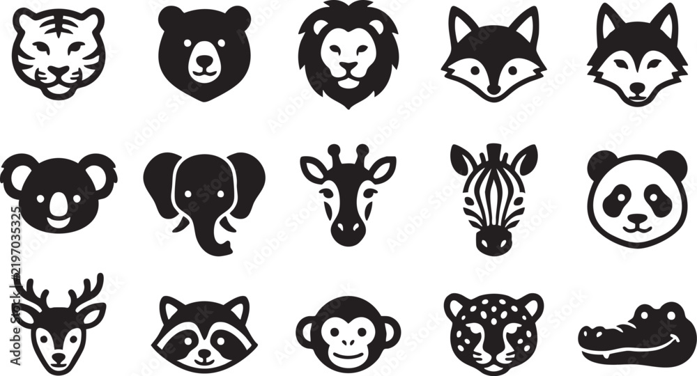 Fototapeta premium Collection of wild animal icons arranged in a grid pattern on white background