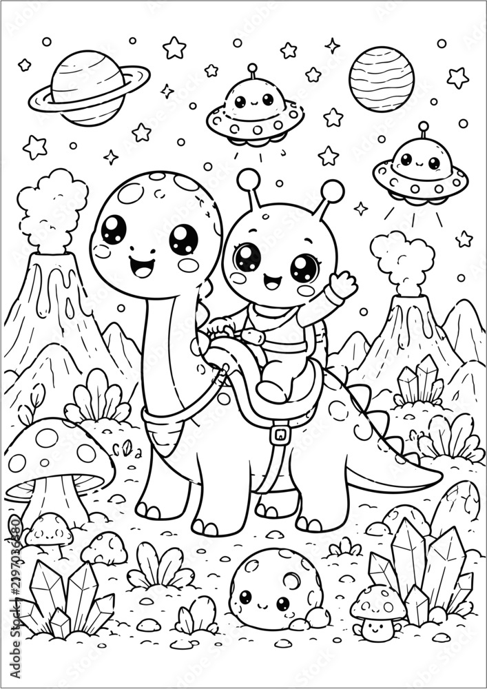 Obraz premium Cute Kawaii Alien Space Adventures Coloring Book for Kids