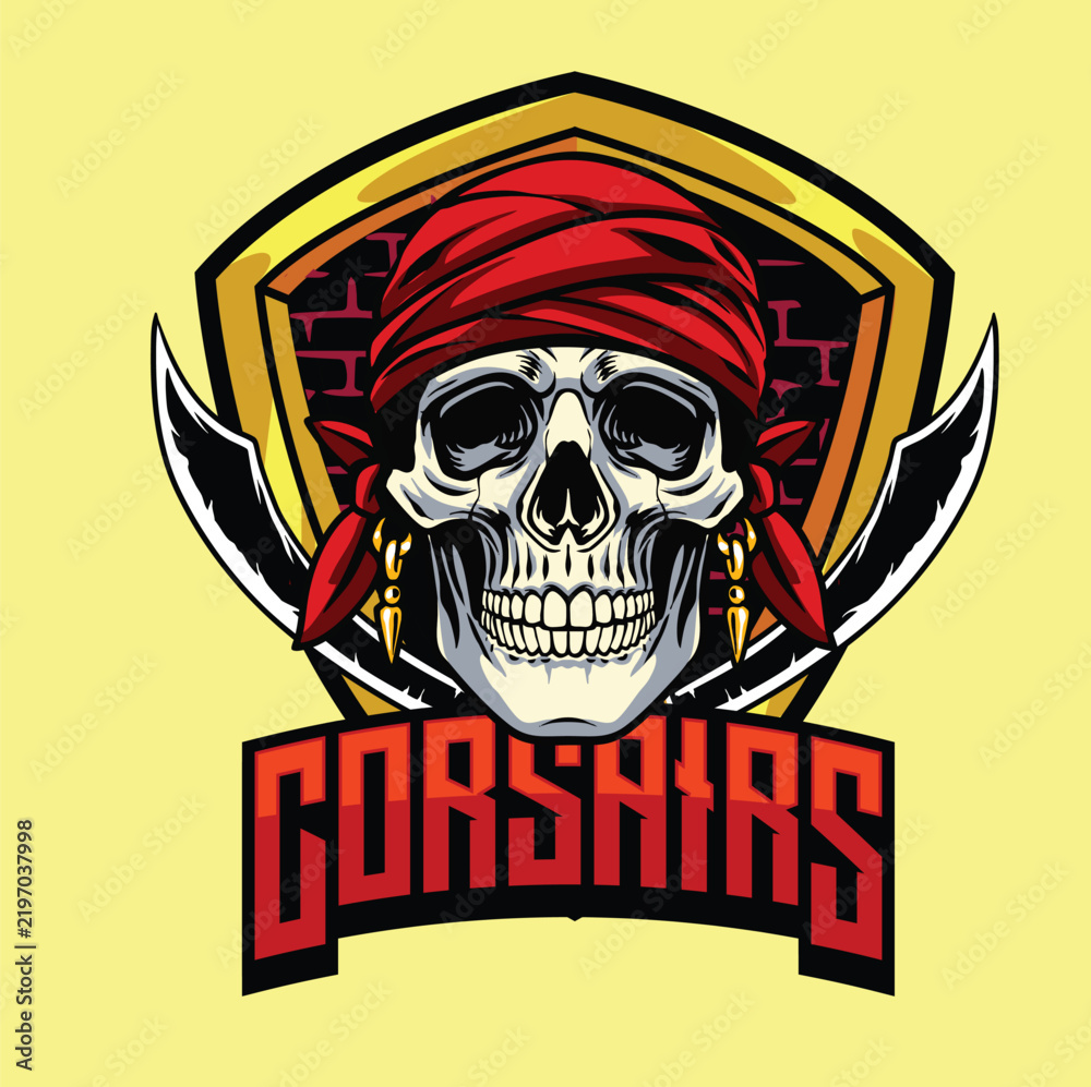 Fototapeta premium Retro detailed illustration of a pirate skull with red bandana and crossed swords inside shield badge with text Corsairs