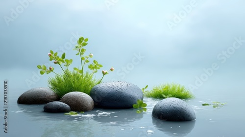 Zen stones with dew drops and fresh green grass in water