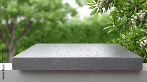 Wet stone product display platform with garden background
