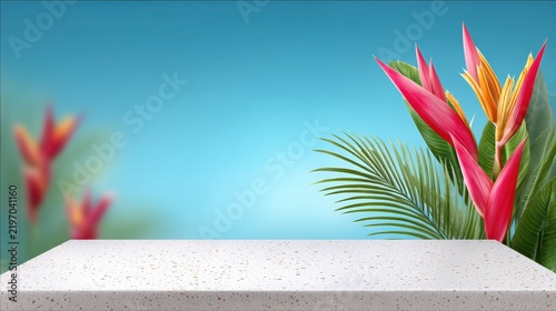 Stone podium display with tropical flowers and palm leaves against blue background