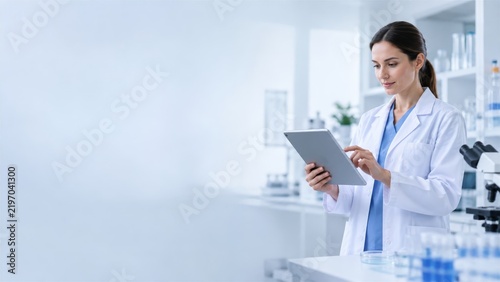 Professional female scientist using digital tablet in modern laboratory environment for clinical research analysis