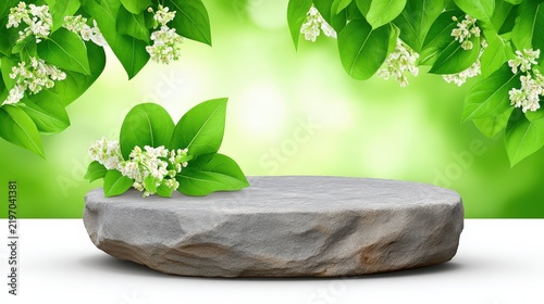 Natural stone podium display for cosmetic products with white flowers and green leaves background