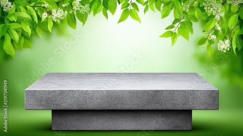 Stone platform with green leaves and white flowers product display stand