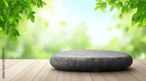 Stone podium display on wooden table with green leaves and bokeh nature background