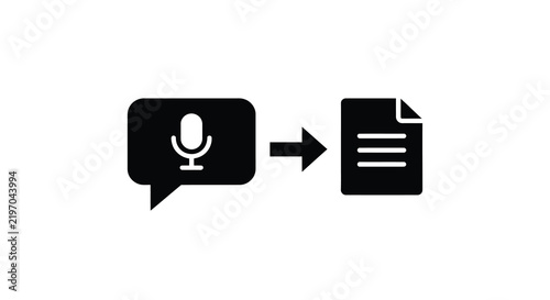 Microphone speech bubble transforms into document with lines flat icon