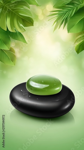 Zen spa background with green pebble on black stone and tropical leaves