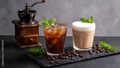 Two coffee drinks with grinder and beans