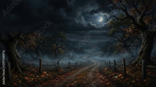 A dark winding road through a misty forest at night time