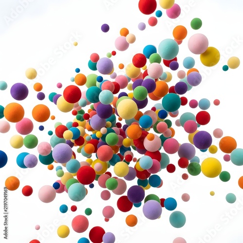 A vibrant cloud of colorful floating spheres in various sizes, scattered dynamically against a clean white background, creating a playful abstract composition.