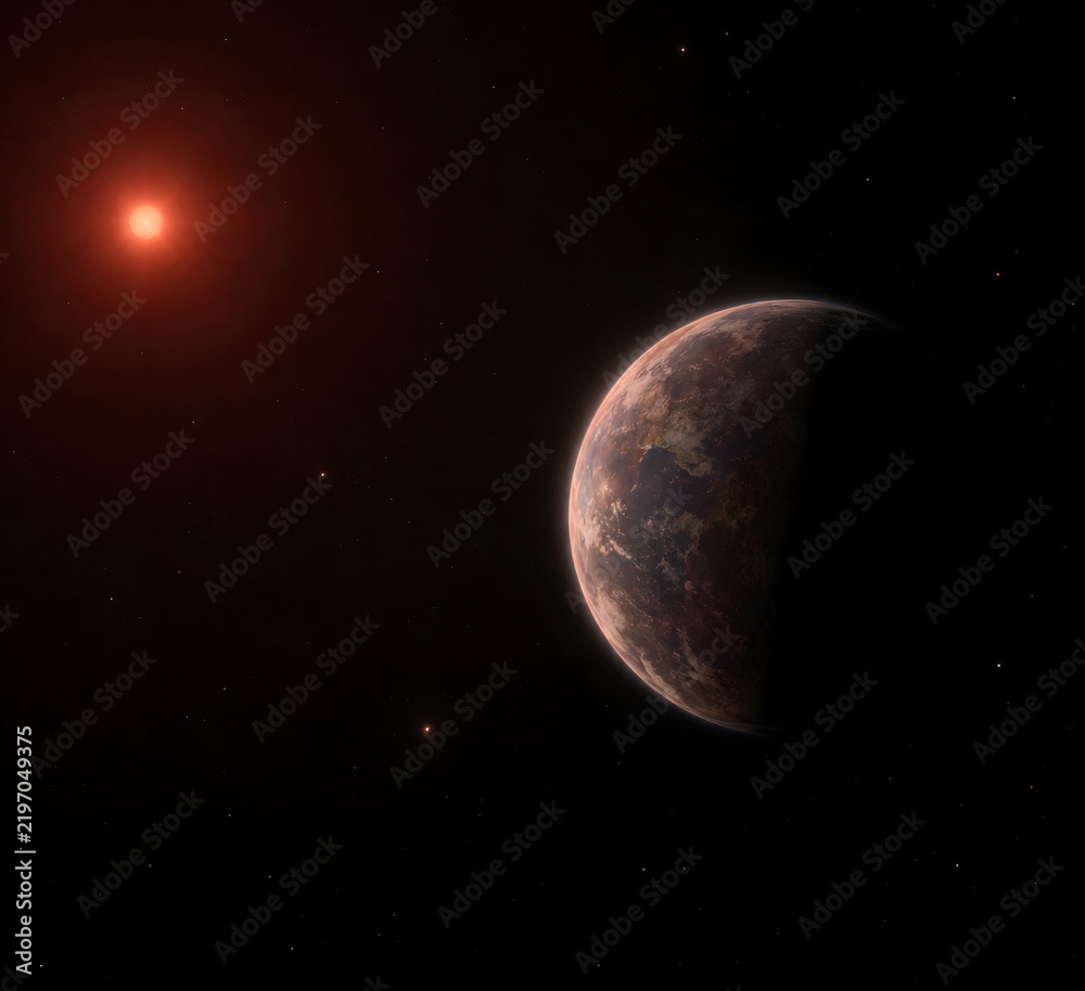 Fototapeta premium Distant Exoplanet Orbiting a Red Dwarf Star in Deep Space