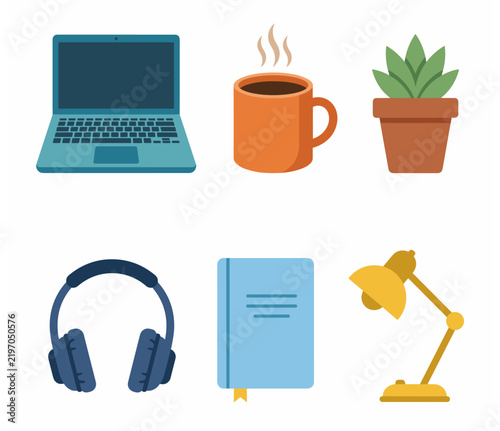 Work from home office elements vector set. Laptop coffee cup plant headphone book and lamp icons. Remote work objects illustration
