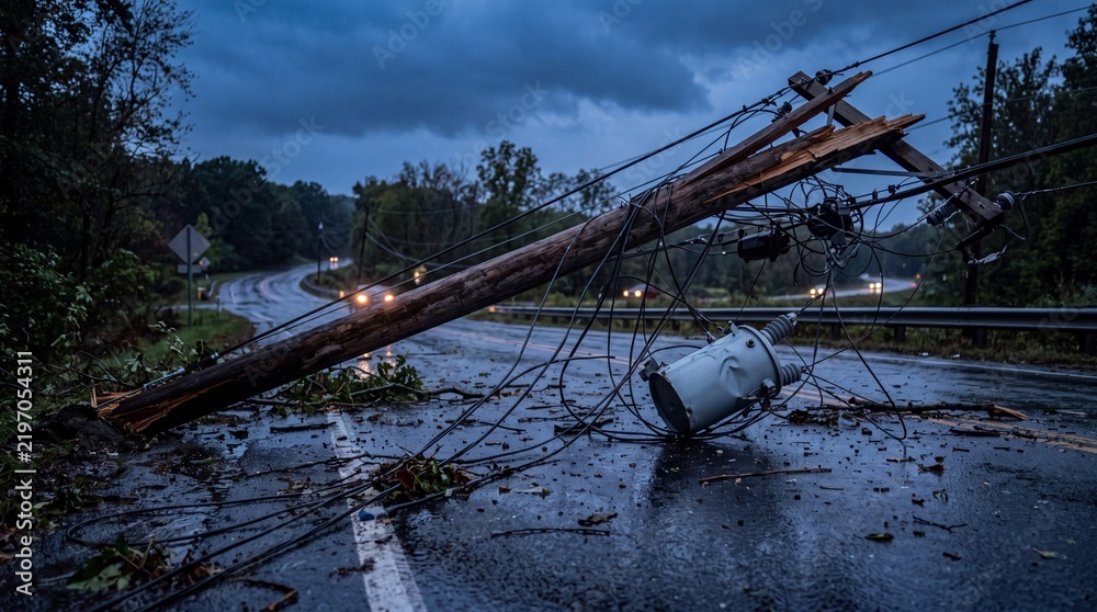 Obraz premium Broken wooden power line pole with tangled cables and transformer on wet asphalt road, representing infrastructure damage, utility grid failure and severe weather disaster.