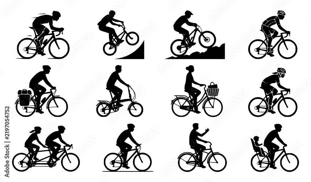 Obraz premium Dynamic Cyclists on Bicycles Vector Set, Black Filled Sports Rider Silhouette Collection