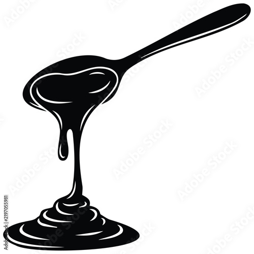 Black silhouette spoon with flowing liquid line art vector illustration for culinary designs.