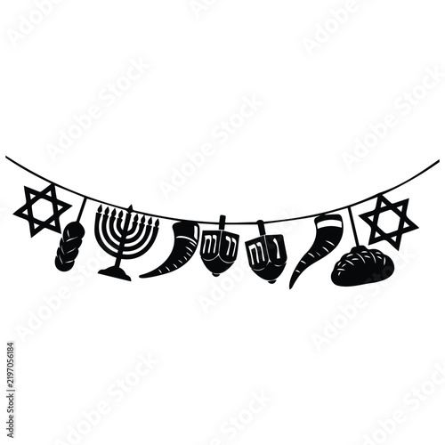 Jewish holiday black silhouette garland line art vector illustration for religious events.