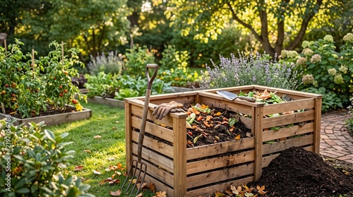 Beautiful backyard composting scene with a wooden compost bin