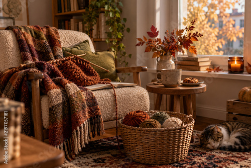 Cozy Autumn Knitting Corner with Yarn, Warm Tea and Sleeping Cat