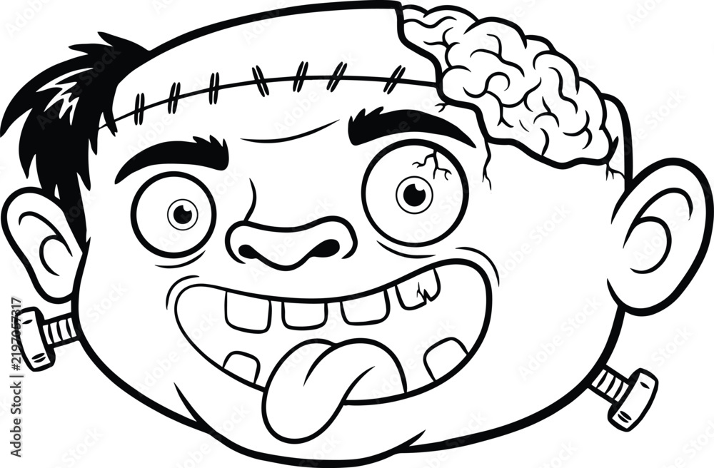 Obraz premium Black and white cartoon of a zombie head with exposed brain, stitches, and bolts on the neck, isolated on a white background