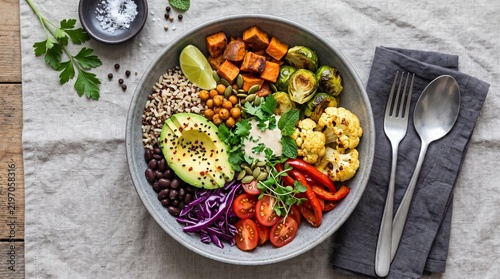 Colorful premium plant-based meal bowl with roasted vegetables