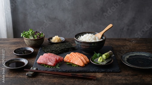 Elegant Japanese-inspired sushi ingredient arrangement with fresh fish