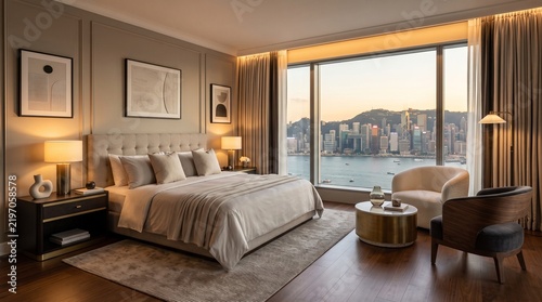 Sophisticated luxury hotel suite with neutral bedding