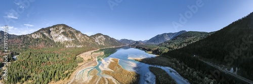 Aerial view, natural riverbed of the upper Isar in front of the Sylvenstein reservoir, wild river landscape Isartal, Bavaria, Germany