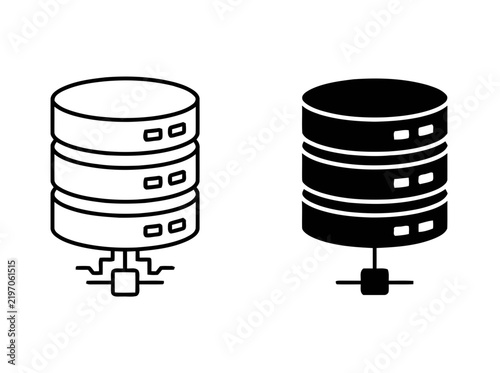 Database server icon set featuring outline and solid black styles for network infrastructure design