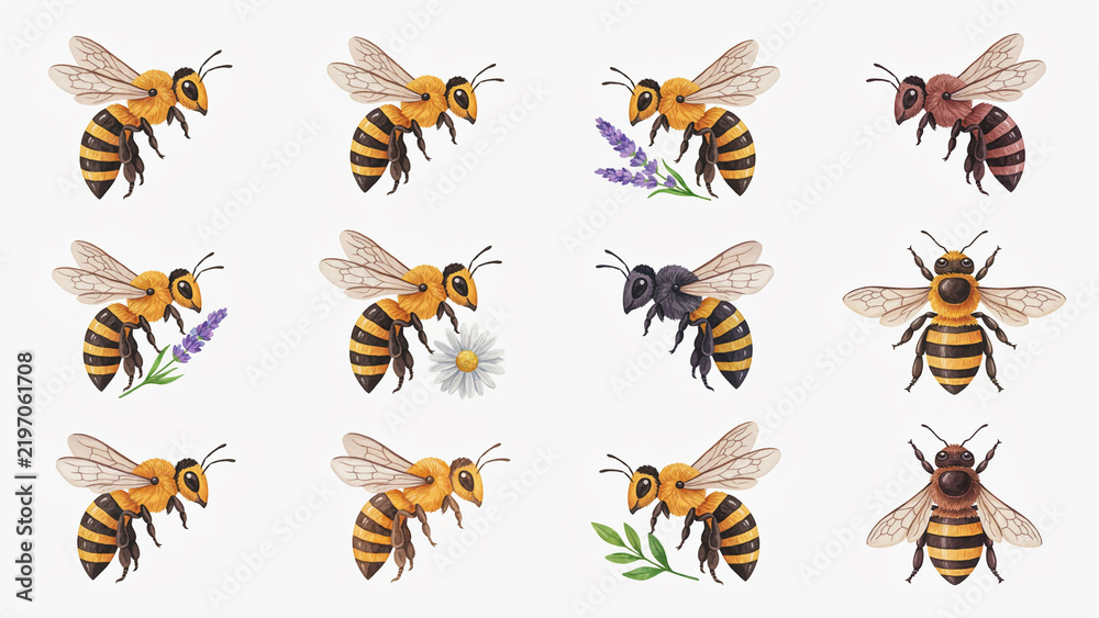 Obraz premium Funny Cartoon Insects Collection Set with Bees, Butterfly, Ant, Beetle, Fly, Mosquito and Spider Vector Illustrations for Nature and Design