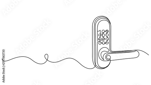 Smart door lock with wireless access technology in minimalist line art design. Non editable stroke, Smart Door Lock Continuous One Line Drawing with Fingerprint and Shield Security Symbol             