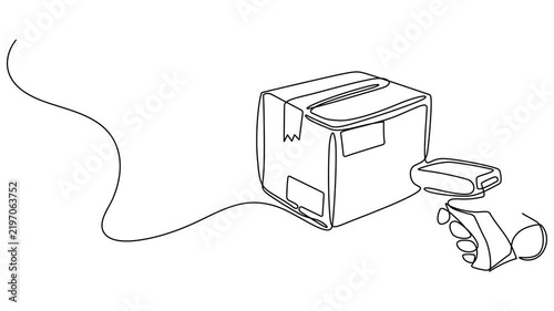 Self-drawing line animation cardboard box with scanner continuous one-line drawing, Full length one line animation, Open gift box with confetti, Continuous line drawing animation, 