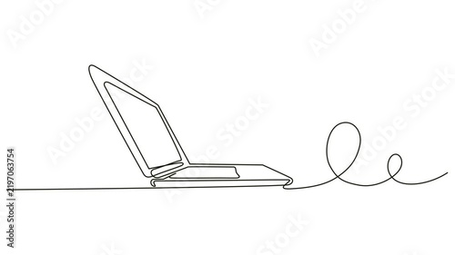 Animated self-drawing of continuous line draw laptop gadget. Digital technology business; business concept of a startup; continuous one single line drawn concept video; lapto with open book and coffee