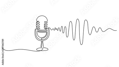 Microphone and sound wave Continuous One Line Drawing,concept Podcasts,Self-drawing a microphone and sound waves in one line. Outline animation for podcast, audio show, musical intro. Stock video with