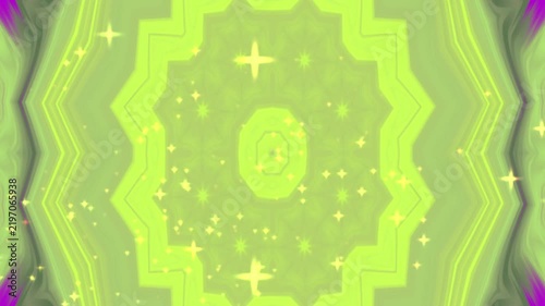 Abstract kaleidoscopic background with vibrant lime green geometric patterns and sparkling star shapes.