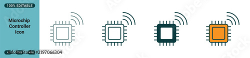 Microchip controller icon set, wireless technology symbol, electronic circuit board vector illustration, smart processor chip with signal waves, digital hardware component design